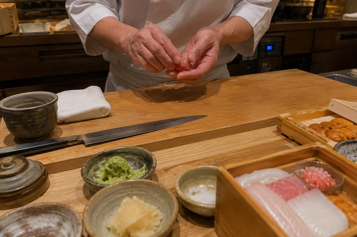 A sushi chef wearing a white uniform expertly shapes a piece of tuna nigiri with both hands over a smooth wooden work counter. In the foreground, long Yanagiba knives lie flat alongside small ceramic bowls filled with freshly grated wasabi, pickled ginger, sea salt, and wooden display boxes holding delicate slices of raw fish, sea urchin (uni), and roe. A sushi chef wearing a white uniform expertly shapes a piece of tuna nigiri with both hands over a smooth wooden work counter. In the foreground, long Yanagiba knives lie flat alongside small ceramic bowls filled with freshly grated wasabi, pickled ginger, sea salt, and wooden display boxes holding delicate slices of raw fish, sea urchin (uni), and roe.