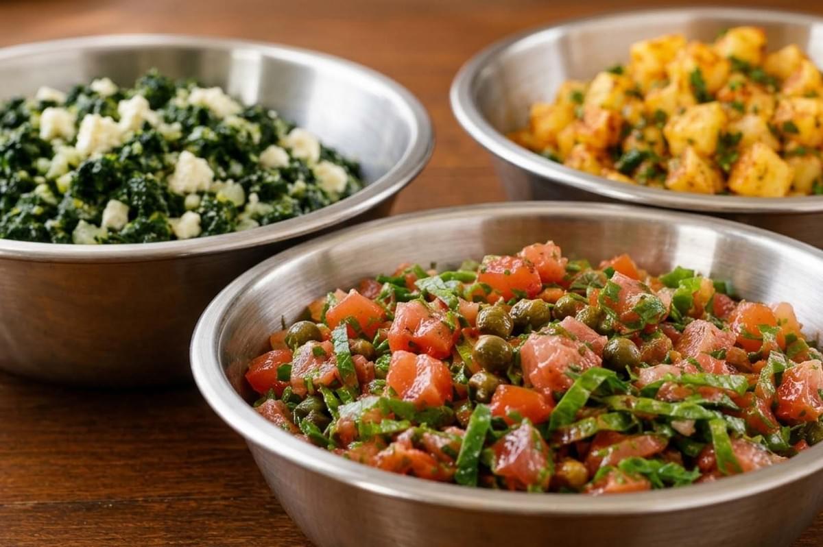 Three bowls of fillings variations made especially for a brik Three bowls of fillings variations made especially for a brik