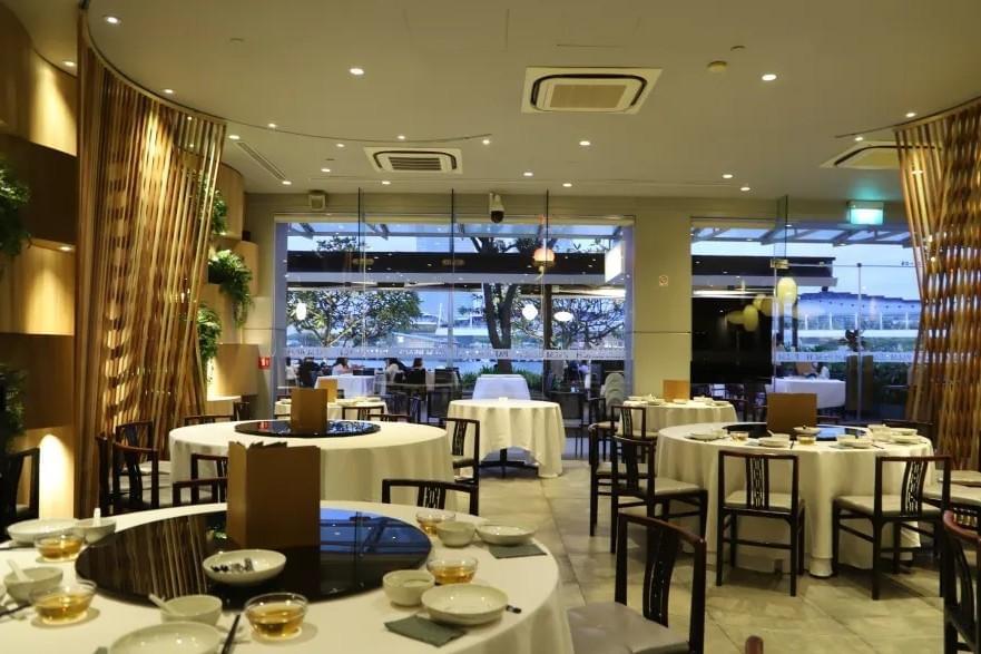 An elegant dining room features round tables set with white tablecloths, tableware, and Lazy Susans. Warm interior lighting and decorative wooden slats frame floor-to-ceiling glass windows looking out onto an outdoor terrace. An elegant dining room features round tables set with white tablecloths, tableware, and Lazy Susans. Warm interior lighting and decorative wooden slats frame floor-to-ceiling glass windows looking out onto an outdoor terrace.