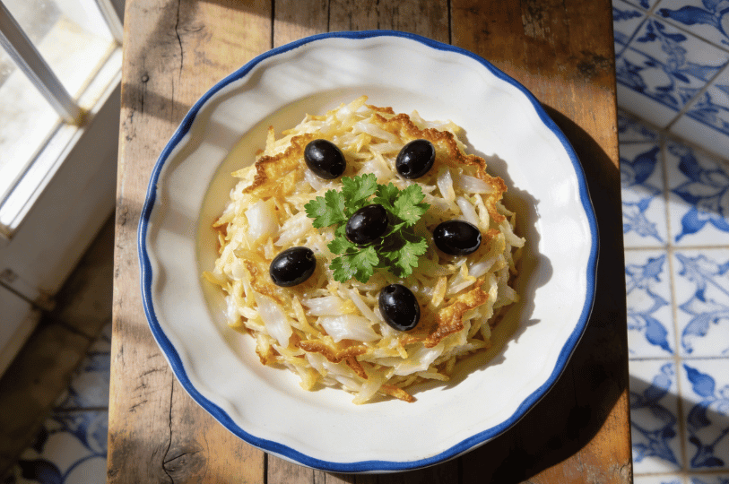 Top-down view of the finished dish on a white and blue rimmed plate, showcasing the circular arrangement of five black olives and a central sprig of parsley over the crispy, egg-bound cod and potatoes. Top-down view of the finished dish on a white and blue rimmed plate, showcasing the circular arrangement of five black olives and a central sprig of parsley over the crispy, egg-bound cod and potatoes.