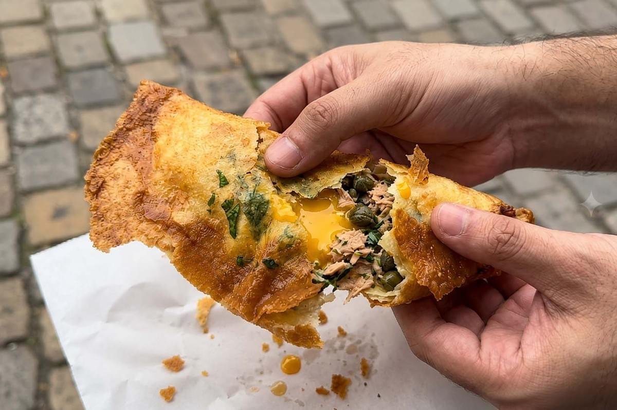 Hands holding a piece of brik showing tuna and egg filling Hands holding a piece of brik showing tuna and egg filling