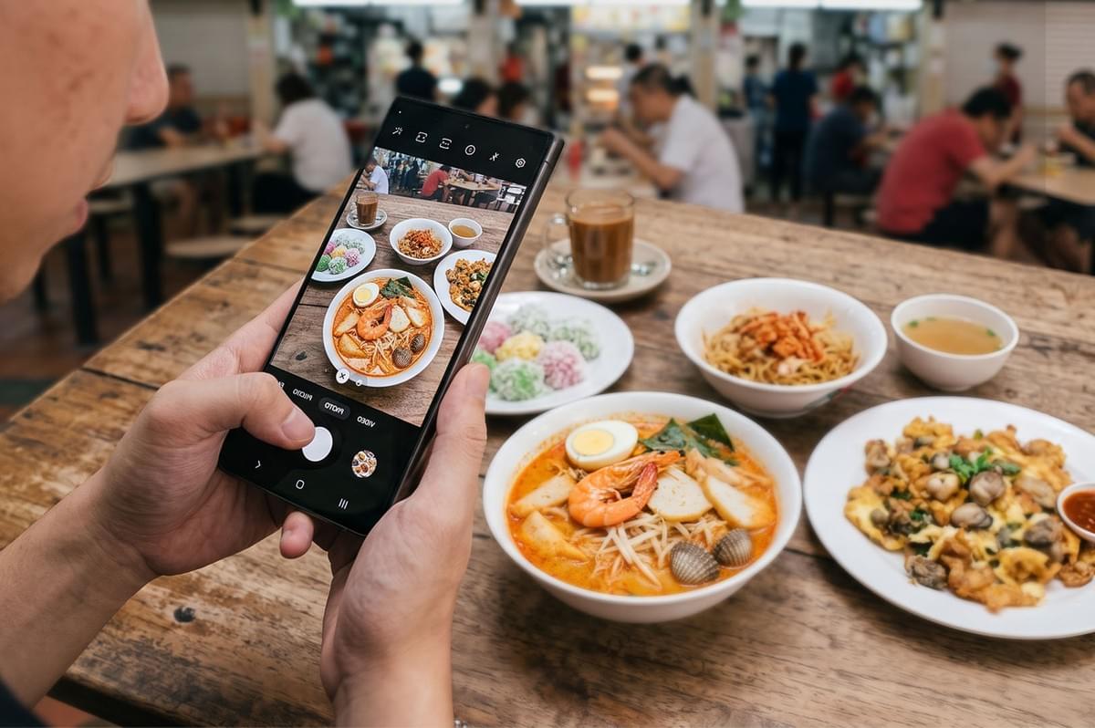 An android smartphone photographing a spread of local dishes, including noodles, seafood soup, fried rice, and colorful desserts. An android smartphone photographing a spread of local dishes, including noodles, seafood soup, fried rice, and colorful desserts.