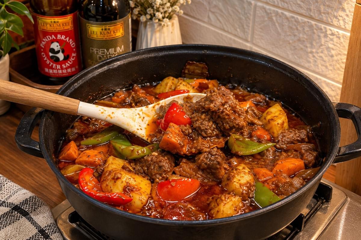 White spoon scooping tender beef chunks and bell peppers from a simmering pot of stew. White spoon scooping tender beef chunks and bell peppers from a simmering pot of stew.
