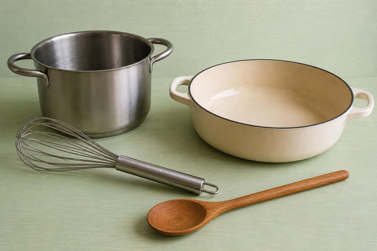Cooking equipment for making plokkfiskur including a stainless steel pot, cream enameled Dutch oven, wire whisk, and wooden spoon on a green surface Cooking equipment for making plokkfiskur including a stainless steel pot, cream enameled Dutch oven, wire whisk, and wooden spoon on a green surface