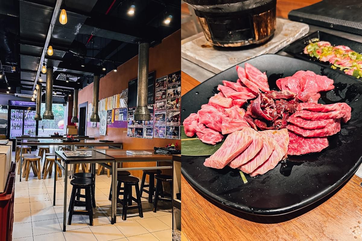 Left: Wide-angle, eye-level view of an industrial-style dining space with metal tables, black stools, exposed ceiling lights, and wall posters; Right: Close-up, three-quarter shot of raw marbled meat slices arranged on a black plate with a grill visible in the background on a wooden table. Left: Wide-angle, eye-level view of an industrial-style dining space with metal tables, black stools, exposed ceiling lights, and wall posters; Right: Close-up, three-quarter shot of raw marbled meat slices arranged on a black plate with a grill visible in the background on a wooden table.