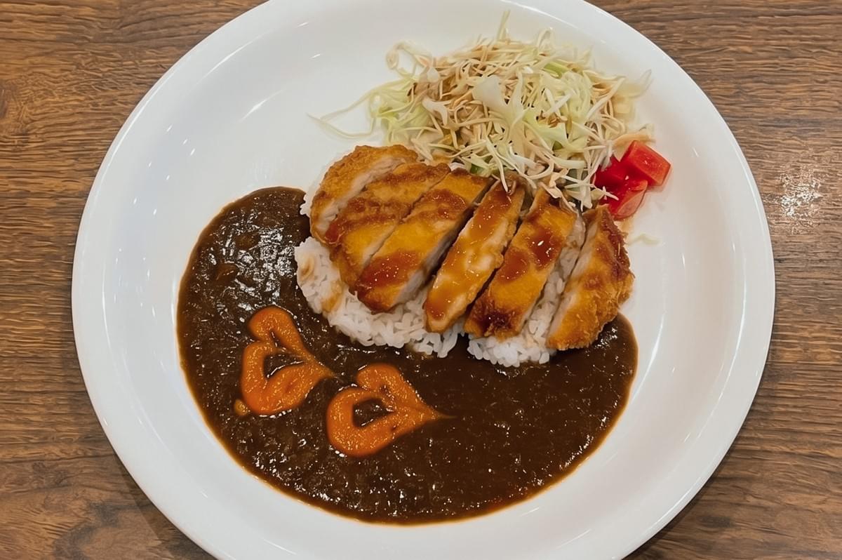 Top-down close-up shot of Japanese pork katsu curry rice with thick brown sauce, shredded cabbage, and tomato garnish served on a white plate. Top-down close-up shot of Japanese pork katsu curry rice with thick brown sauce, shredded cabbage, and tomato garnish served on a white plate.