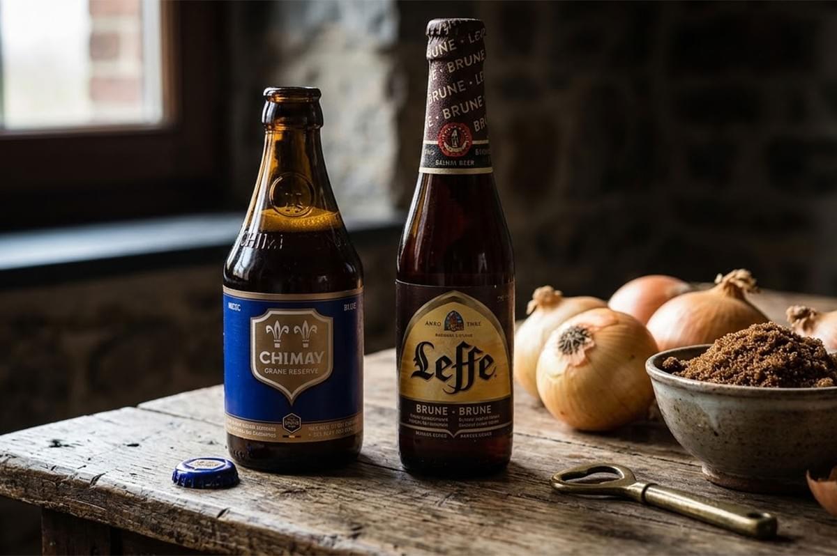 Bottles of Chimay Blue and Leffe Brune beer on a wooden table next to raw onions and a bowl of brown sugar. Bottles of Chimay Blue and Leffe Brune beer on a wooden table next to raw onions and a bowl of brown sugar.