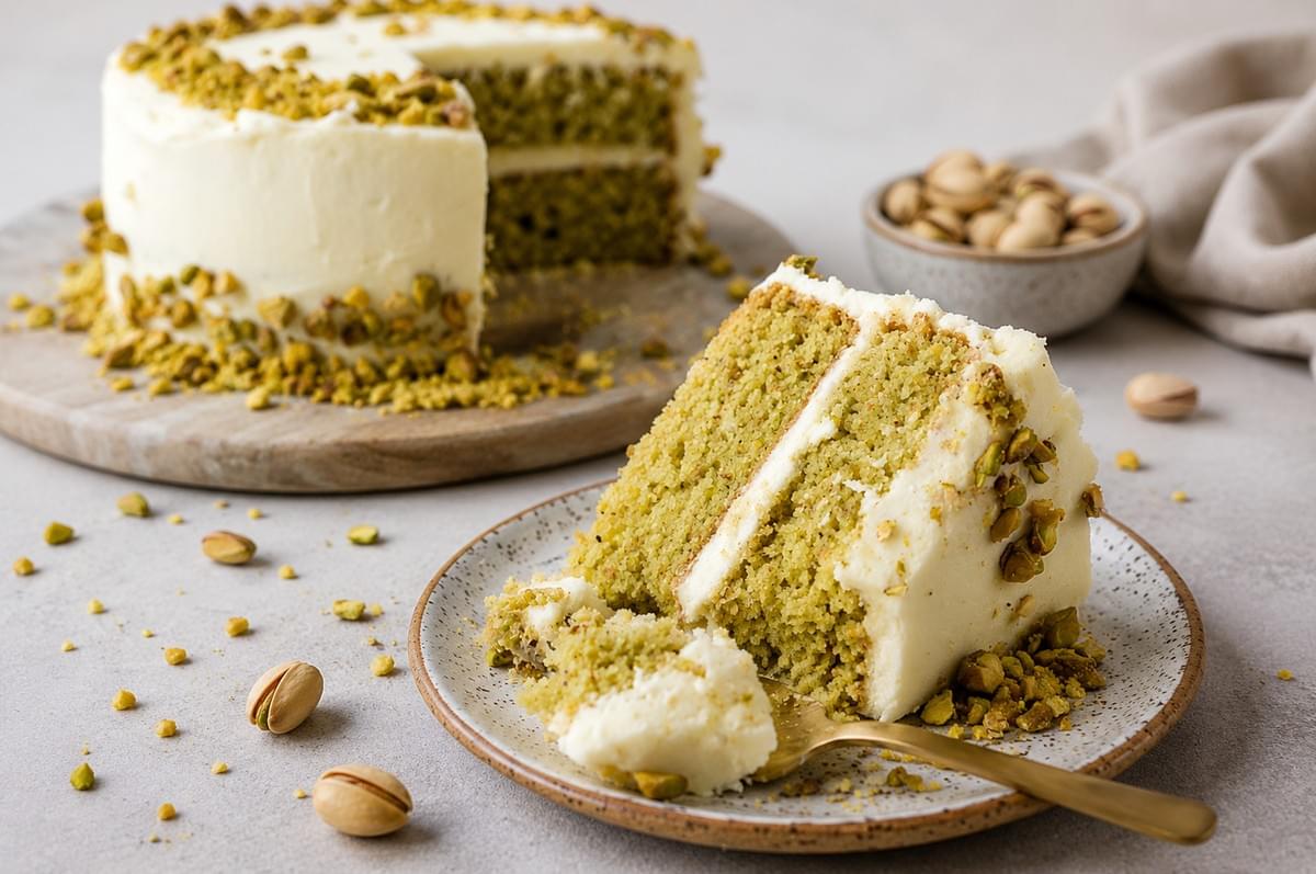 A slice of green pistachio cake with thick white frosting and chopped nuts on a plate, with the main cake blurred in the background. A slice of green pistachio cake with thick white frosting and chopped nuts on a plate, with the main cake blurred in the background.