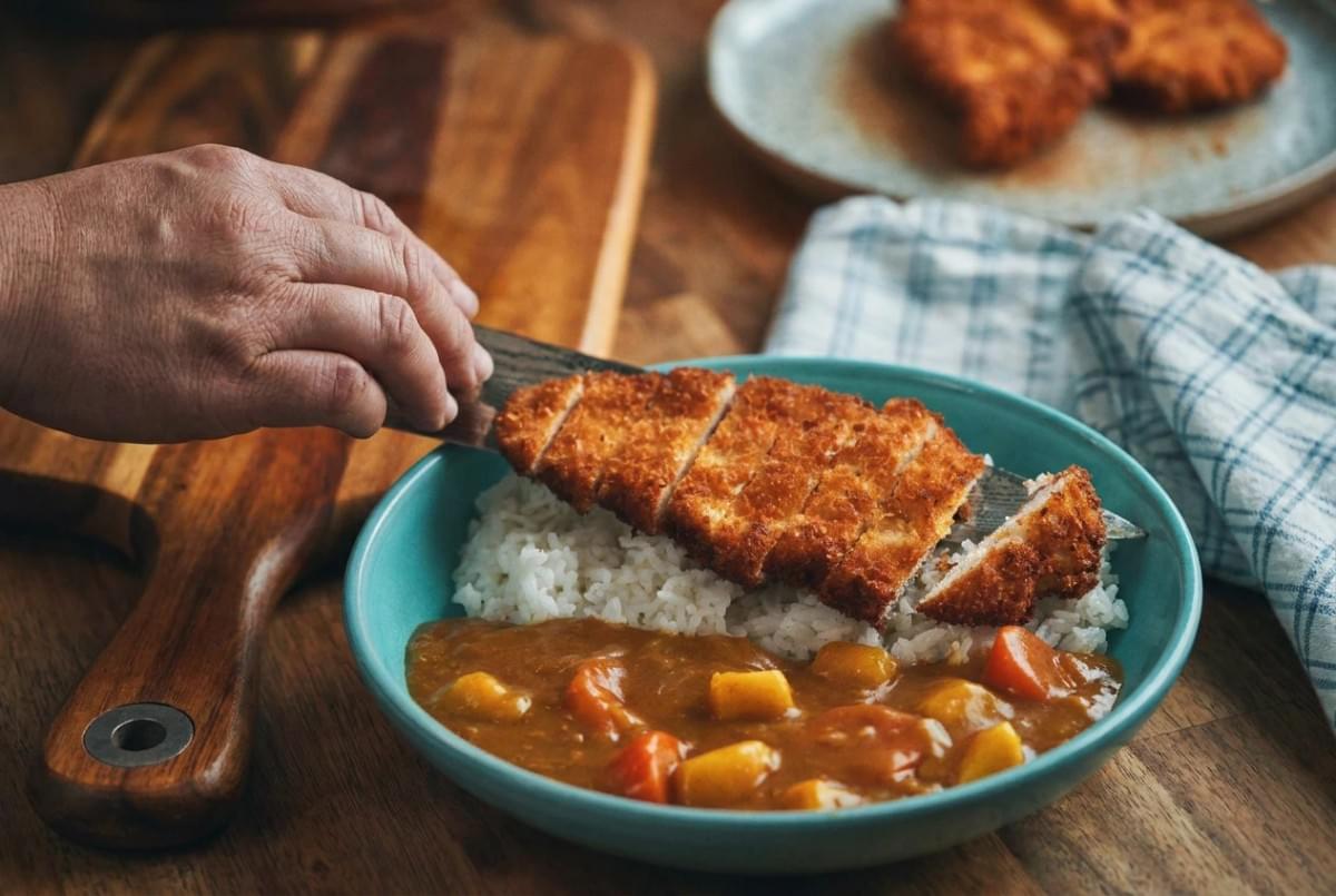 Hand placing sliced crispy chicken katsu over white rice and Japanese curry in a teal bowl. Hand placing sliced crispy chicken katsu over white rice and Japanese curry in a teal bowl.