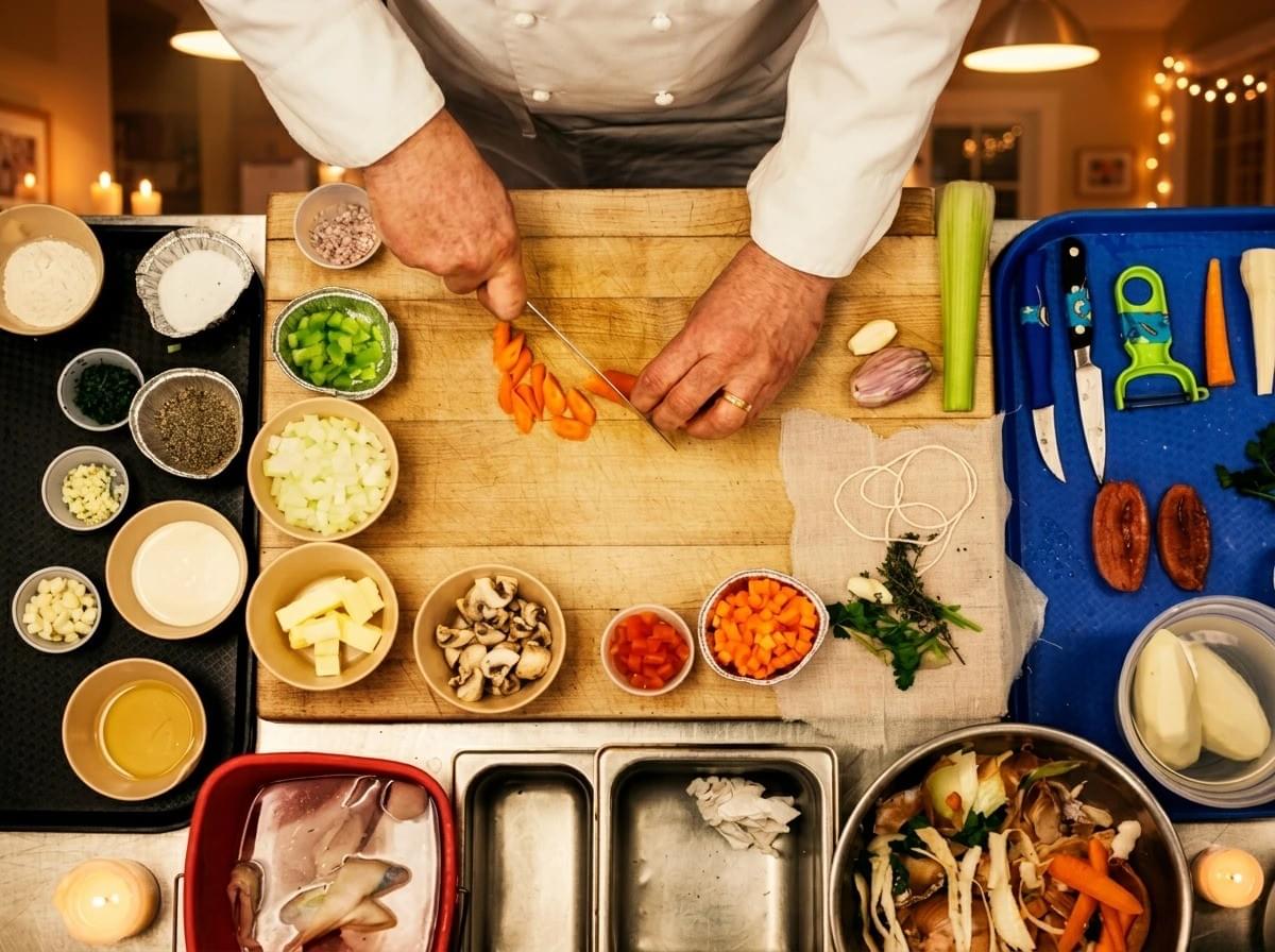 An overhead shot of a chef in a white uniform slicing a carrot on a wooden cutting board, surrounded by neatly arranged bowls of chopped ingredients, kitchen utensils, and prep containers. An overhead shot of a chef in a white uniform slicing a carrot on a wooden cutting board, surrounded by neatly arranged bowls of chopped ingredients, kitchen utensils, and prep containers.