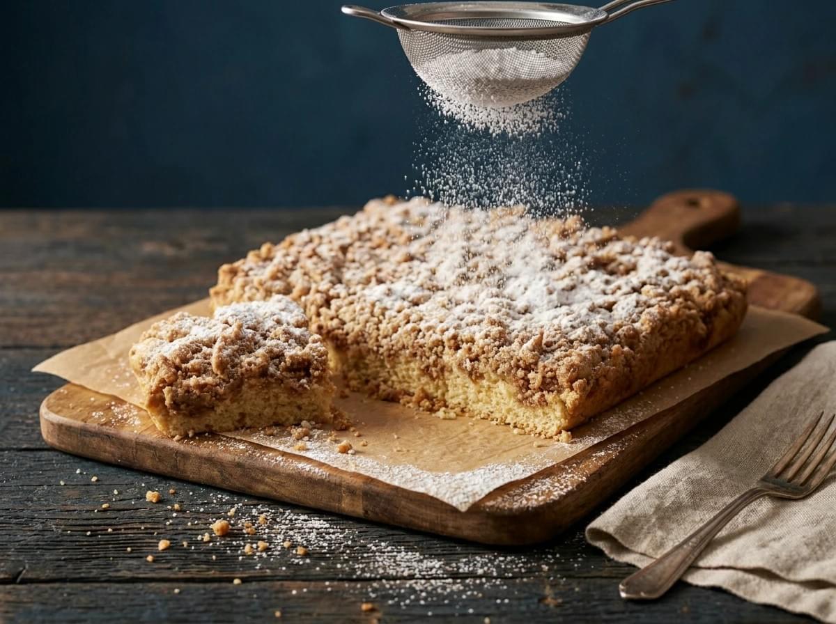 Powdered sugar being sifted over a freshly baked crumb cake on a wooden board. Powdered sugar being sifted over a freshly baked crumb cake on a wooden board.