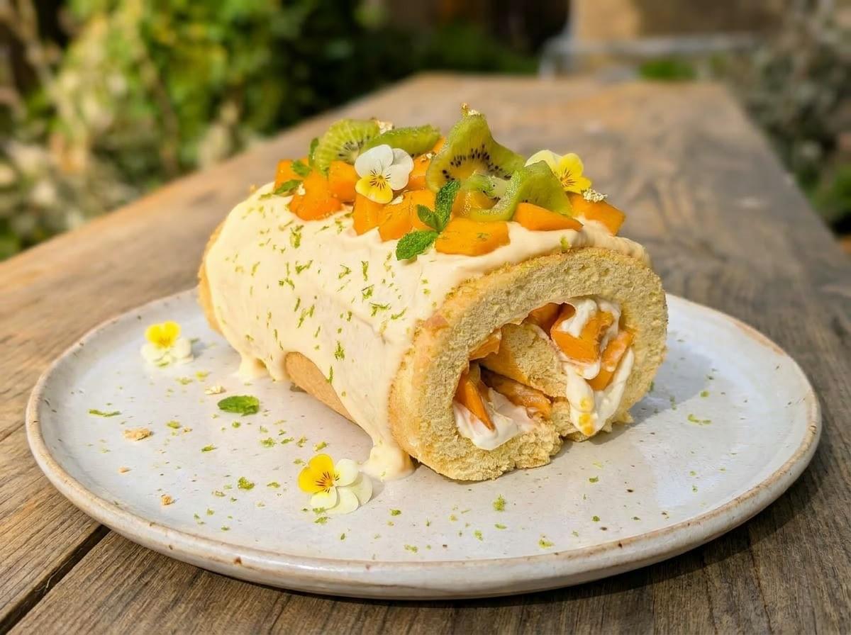 A side-angle close-up of a rustic, golden-brown baked meringue pavlova roll filled with white cream and sliced fresh strawberries, presented on a dark wooden surface. A side-angle close-up of a rustic, golden-brown baked meringue pavlova roll filled with white cream and sliced fresh strawberries, presented on a dark wooden surface.