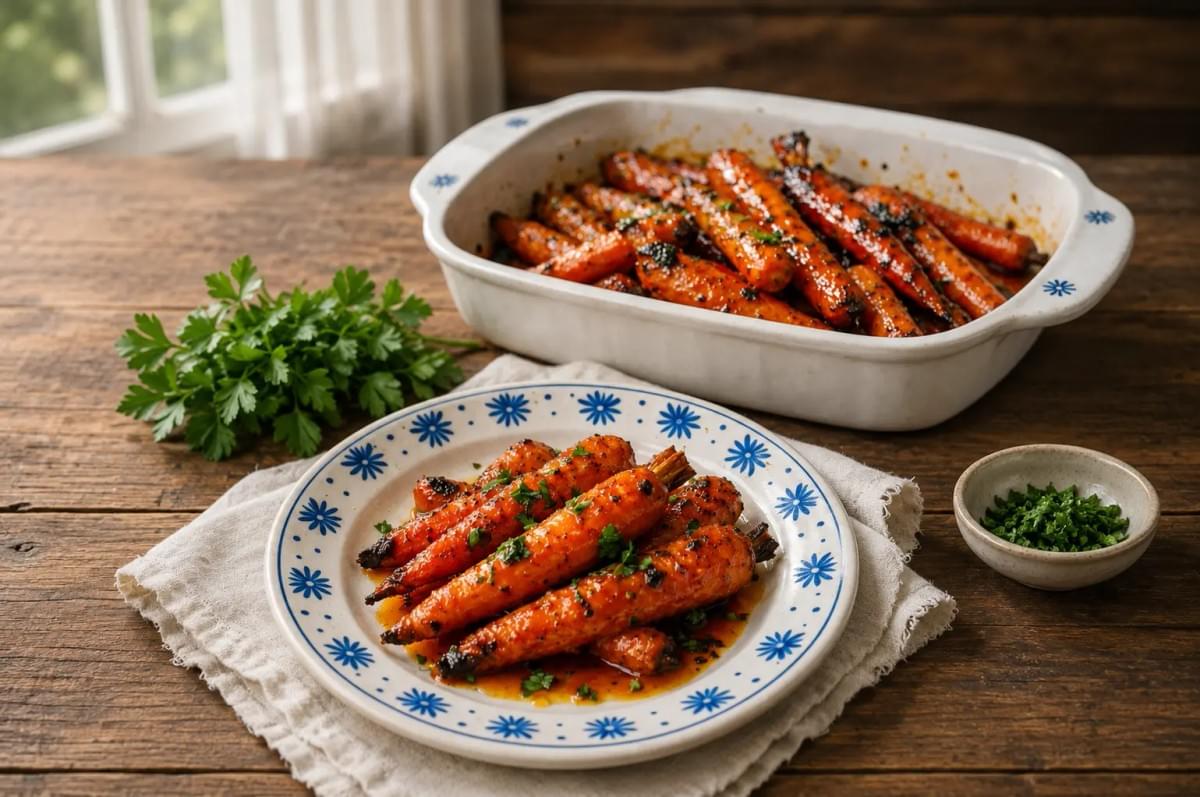 Glazed, roasted carrots garnished with chopped parsley served on a blue-patterned plate, with a larger white baking dish of carrots and a fresh bunch of parsley on a wooden tab Glazed, roasted carrots garnished with chopped parsley served on a blue-patterned plate, with a larger white baking dish of carrots and a fresh bunch of parsley on a wooden tab