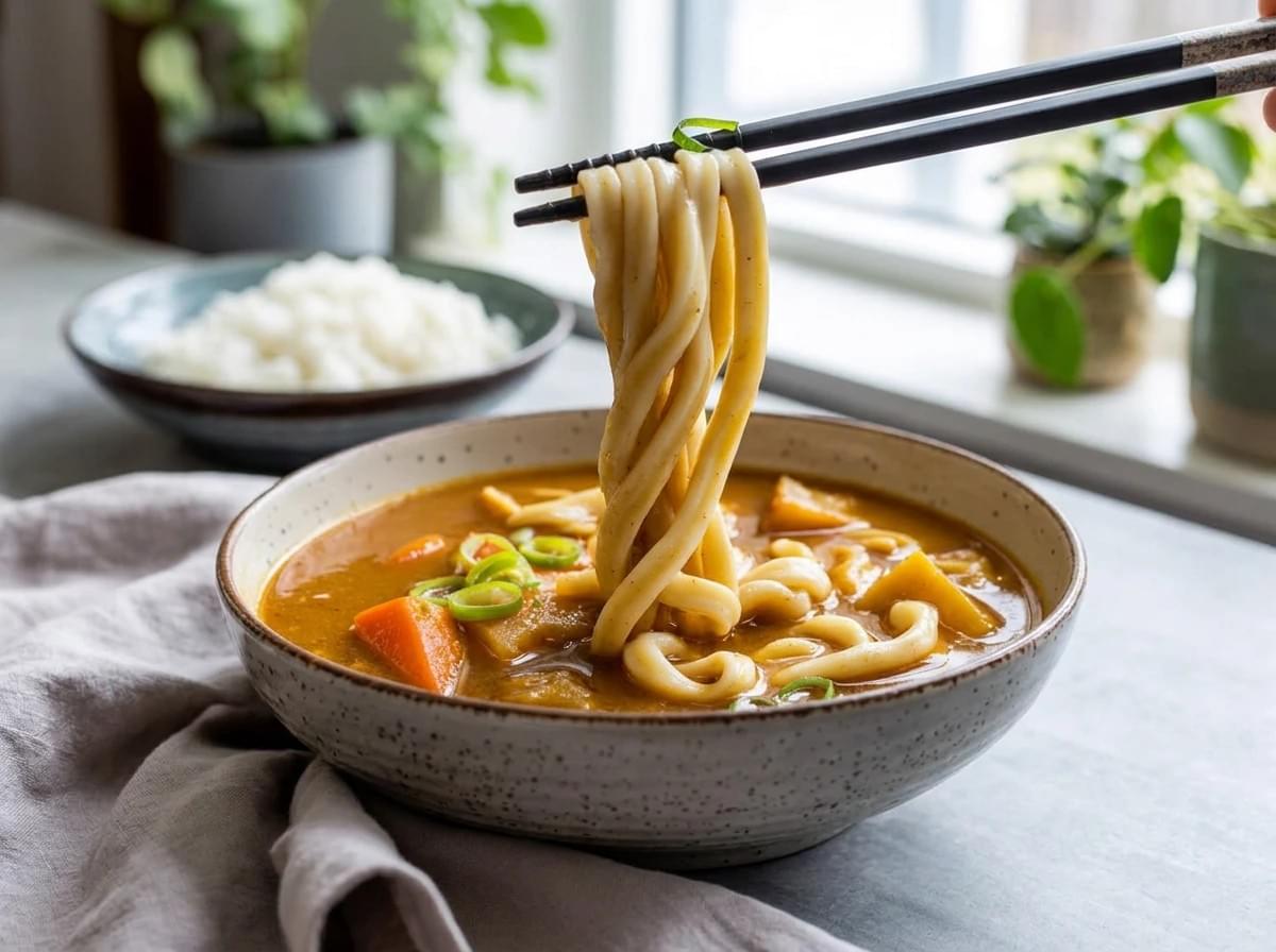 Black chopsticks lifting thick udon noodles from a bowl of Japanese curry soup with carrots. Black chopsticks lifting thick udon noodles from a bowl of Japanese curry soup with carrots.