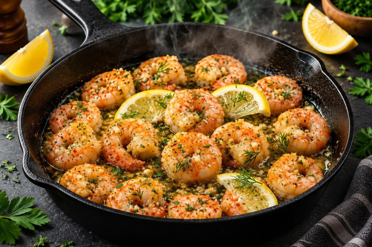 Steaming garlic butter shrimp topped with herbs and lemon slices in a hot cast-iron skillet. Steaming garlic butter shrimp topped with herbs and lemon slices in a hot cast-iron skillet.