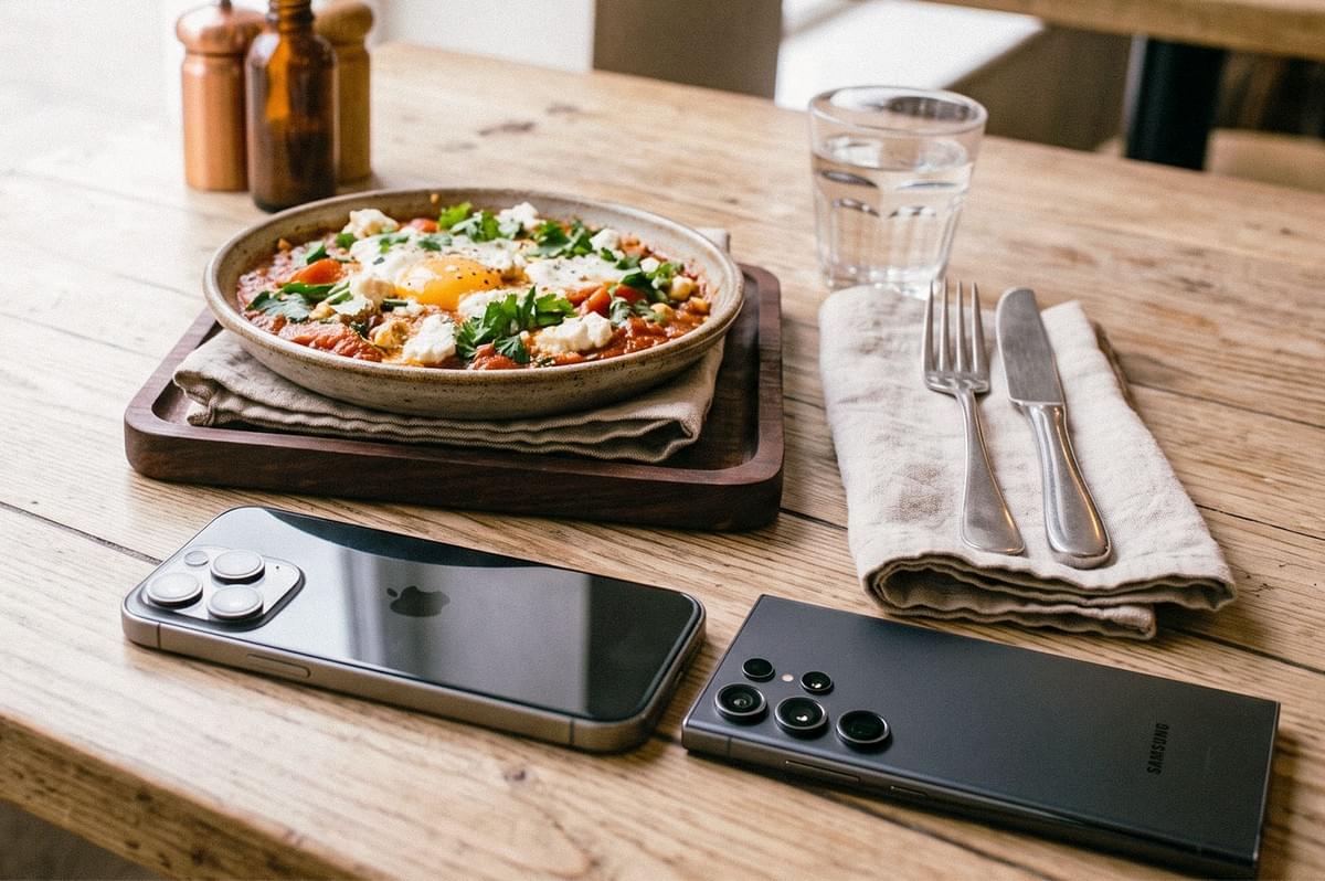 iPhone and Samsung smartphone beside a plated egg dish on a wooden table. iPhone and Samsung smartphone beside a plated egg dish on a wooden table.