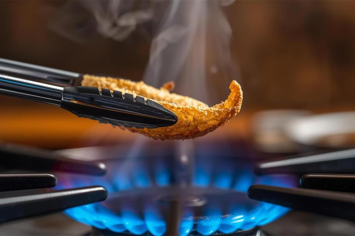 Tongs holding a freshly fried, golden-brown banana blossom petal over a blue gas flame with steam rising from the hot food. Tongs holding a freshly fried, golden-brown banana blossom petal over a blue gas flame with steam rising from the hot food.