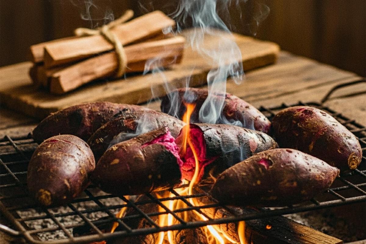 Whole purple yam being roasted over an open wood fire flame on a metal grill grate. Whole purple yam being roasted over an open wood fire flame on a metal grill grate.