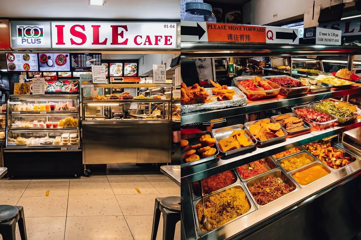 Left: Wide-angle, eye-level view of a food stall with a bright ‘ISLE CAFE’ sign, menu boards, and a glass display of prepared items; Right: Close-up, eye-level shot of a hot food display with metal trays filled with various cooked dishes under warm lighting and a sign. Left: Wide-angle, eye-level view of a food stall with a bright ‘ISLE CAFE’ sign, menu boards, and a glass display of prepared items; Right: Close-up, eye-level shot of a hot food display with metal trays filled with various cooked dishes under warm lighting and a sign.