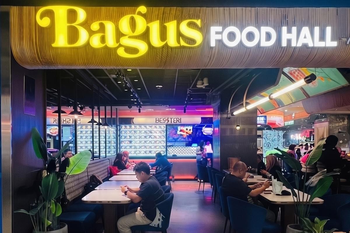 Bagus Food Hall storefront and interior seating area with customers dining. Bagus Food Hall storefront and interior seating area with customers dining.