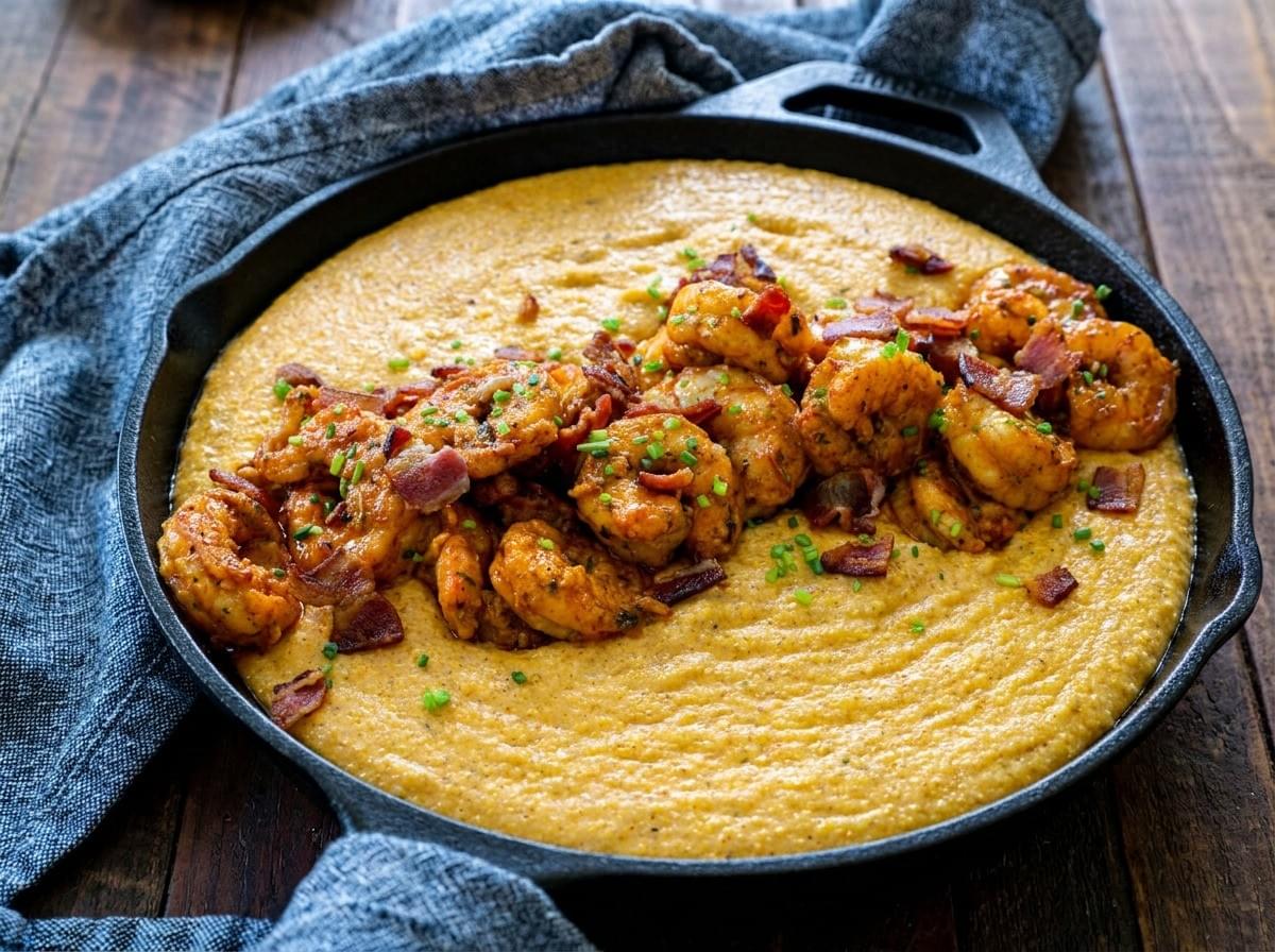Pan of cheesy grits topped with seasoned shrimp and crumbled bacon. Pan of cheesy grits topped with seasoned shrimp and crumbled bacon.