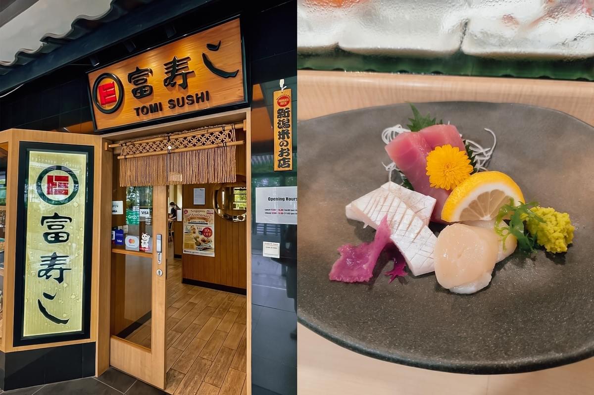 Left: The exterior storefront of Tomi Sushi features a wooden entranceway, a lit wooden sign with Japanese and English lettering, a rope curtain, and glass doors displaying a menu and opening hours. Right: A dark plate holds an arrangement of sashimi, including tuna, scored white fish, and scallops, garnished with a yellow flower, a lemon wedge, shiso leaf, pickled ginger, and wasabi. Left: The exterior storefront of Tomi Sushi features a wooden entranceway, a lit wooden sign with Japanese and English lettering, a rope curtain, and glass doors displaying a menu and opening hours. Right: A dark plate holds an arrangement of sashimi, including tuna, scored white fish, and scallops, garnished with a yellow flower, a lemon wedge, shiso leaf, pickled ginger, and wasabi.