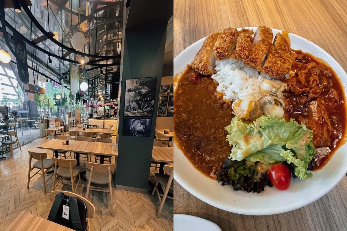 A split composition highlighting Monster Curry in Singapore, showing a modern restaurant interior on the left with light wood tables, glass curtain walls, and gaming posters, alongside a close-up on the right of a signature Japanese curry platter loaded with sliced crispy pork katsu, scallops, sliced pork, steamed white rice, salad, and two shades of rich curry sauce. A split composition highlighting Monster Curry in Singapore, showing a modern restaurant interior on the left with light wood tables, glass curtain walls, and gaming posters, alongside a close-up on the right of a signature Japanese curry platter loaded with sliced crispy pork katsu, scallops, sliced pork, steamed white rice, salad, and two shades of rich curry sauce.