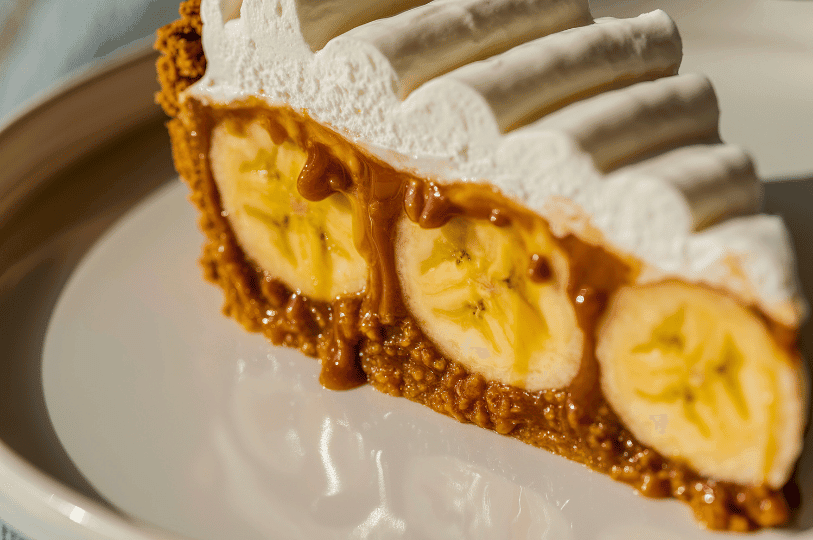 A close-up cross-section of a banoffee pie slice, revealing large, fresh banana rounds submerged in rich, gooey toffee sauce inside a thick, crumbly biscuit crust, all topped with a neat layer of whipped cream. A close-up cross-section of a banoffee pie slice, revealing large, fresh banana rounds submerged in rich, gooey toffee sauce inside a thick, crumbly biscuit crust, all topped with a neat layer of whipped cream.