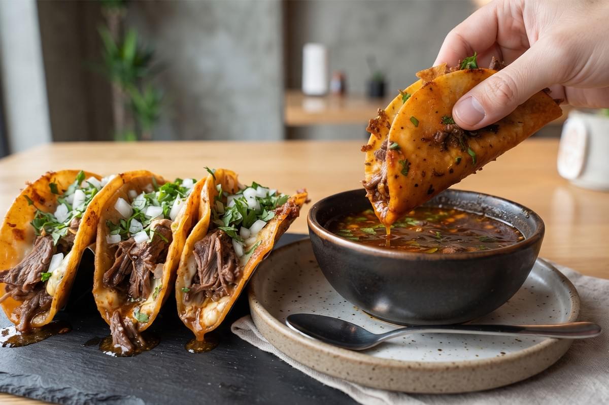 Hand dipping a beef birria taco into a bowl of consommé with other tacos on a slate board. Hand dipping a beef birria taco into a bowl of consommé with other tacos on a slate board.