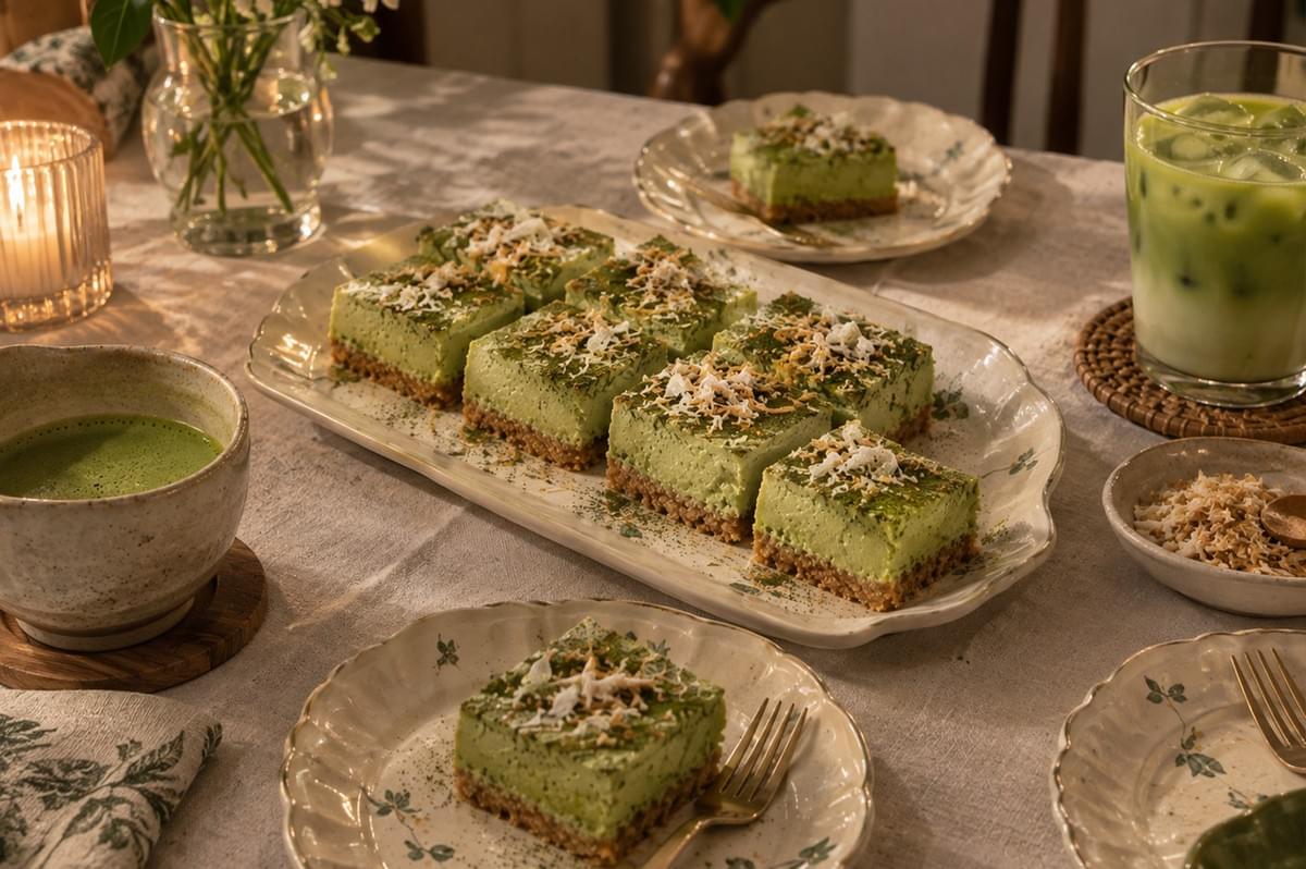A high-angle tabletop view captures an elegant tea time spread set across a white linen tablecloth bathed in warm sunlight. At the center lies a long white serving platter holding six rectangular pandan matcha cheesecake bars dusted with green matcha powder and toasted coconut flakes. Surrounding the platter are individual floral porcelain dessert plates with slices of cheesecake and gold forks, alongside a bowl of matcha tea, a glass of iced matcha latte on a woven coaster, a small dish of toasted coconut, and a glowing ribbed glass candle. A high-angle tabletop view captures an elegant tea time spread set across a white linen tablecloth bathed in warm sunlight. At the center lies a long white serving platter holding six rectangular pandan matcha cheesecake bars dusted with green matcha powder and toasted coconut flakes. Surrounding the platter are individual floral porcelain dessert plates with slices of cheesecake and gold forks, alongside a bowl of matcha tea, a glass of iced matcha latte on a woven coaster, a small dish of toasted coconut, and a glowing ribbed glass candle.