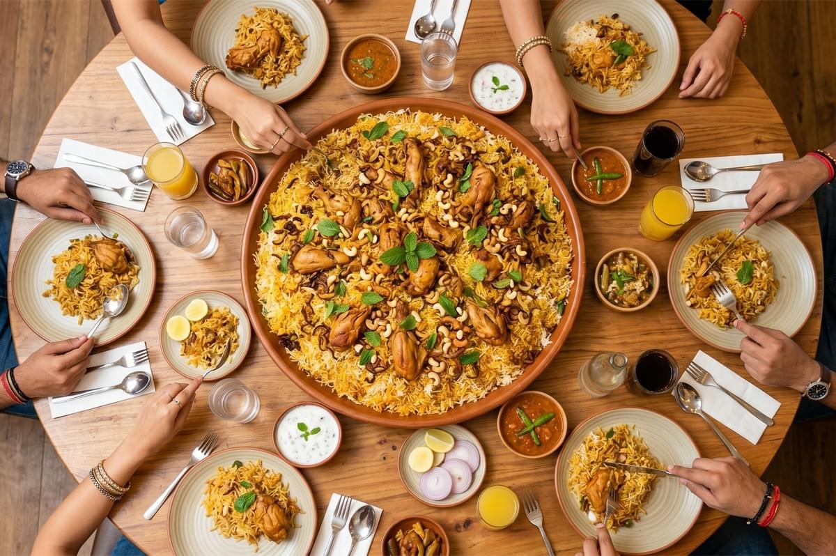 Overhead flat lay of a large group sharing a massive central platter of chicken biryani surrounded by individual plates and side dishes on a round wooden table. Overhead flat lay of a large group sharing a massive central platter of chicken biryani surrounded by individual plates and side dishes on a round wooden table.