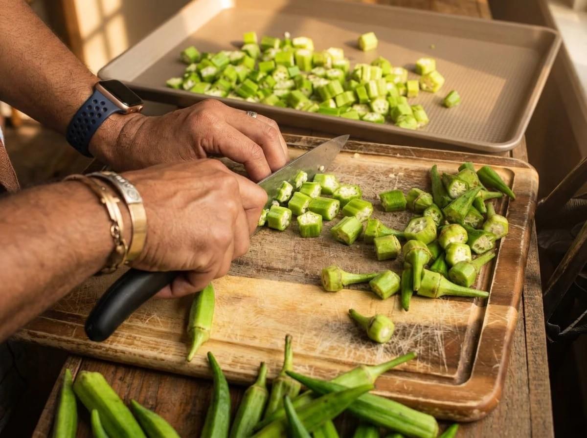 A close-up shot of a person's hands using a chef's knife to chop fresh green okra pods into bite-sized pieces on a wooden cutting board. A baking sheet filled with chopped okra sits in the background, with whole pods piled in the foreground. A close-up shot of a person's hands using a chef's knife to chop fresh green okra pods into bite-sized pieces on a wooden cutting board. A baking sheet filled with chopped okra sits in the background, with whole pods piled in the foreground.