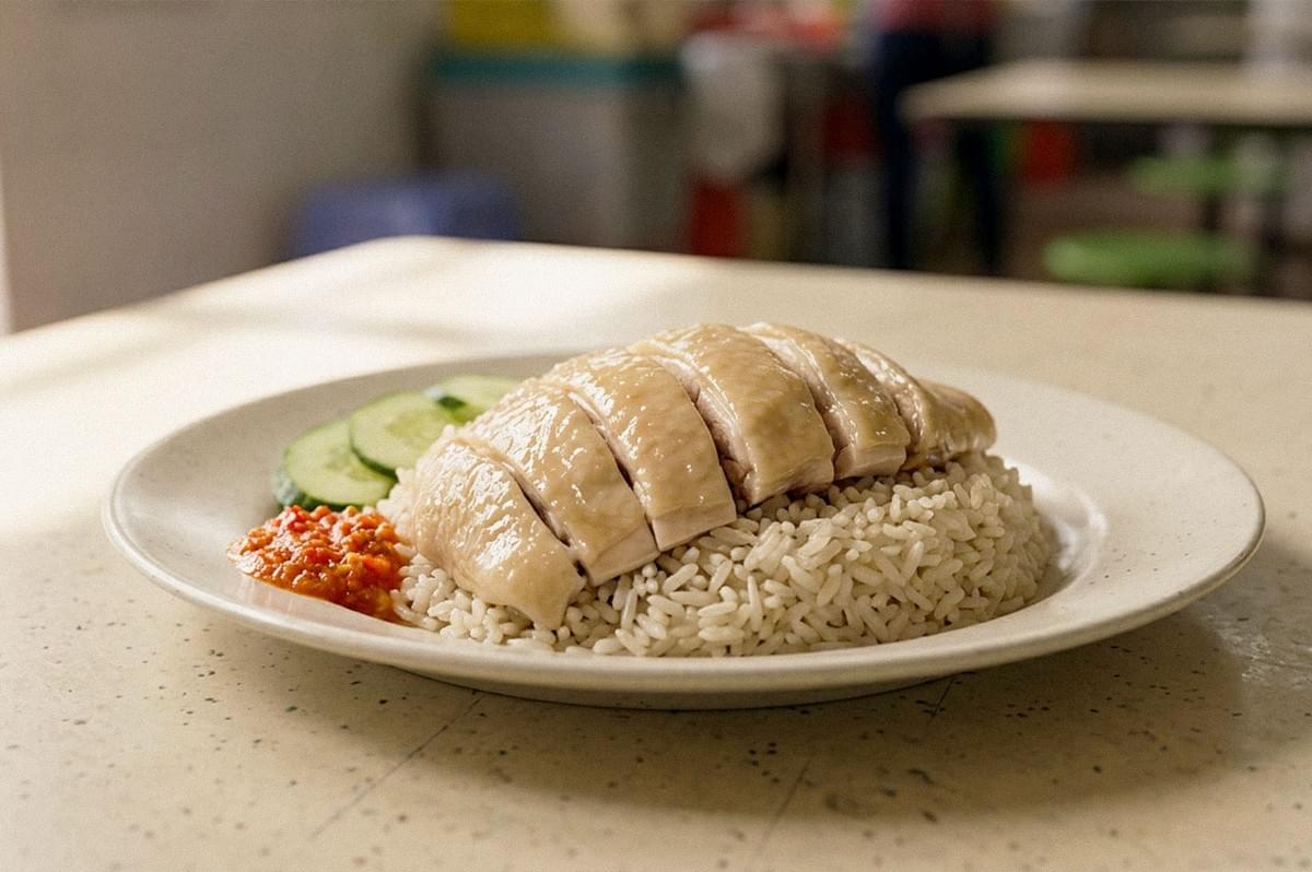 Plate of Hainanese chicken rice with sliced poached chicken over rice, cucumber slices, and red chili sauce. Plate of Hainanese chicken rice with sliced poached chicken over rice, cucumber slices, and red chili sauce.