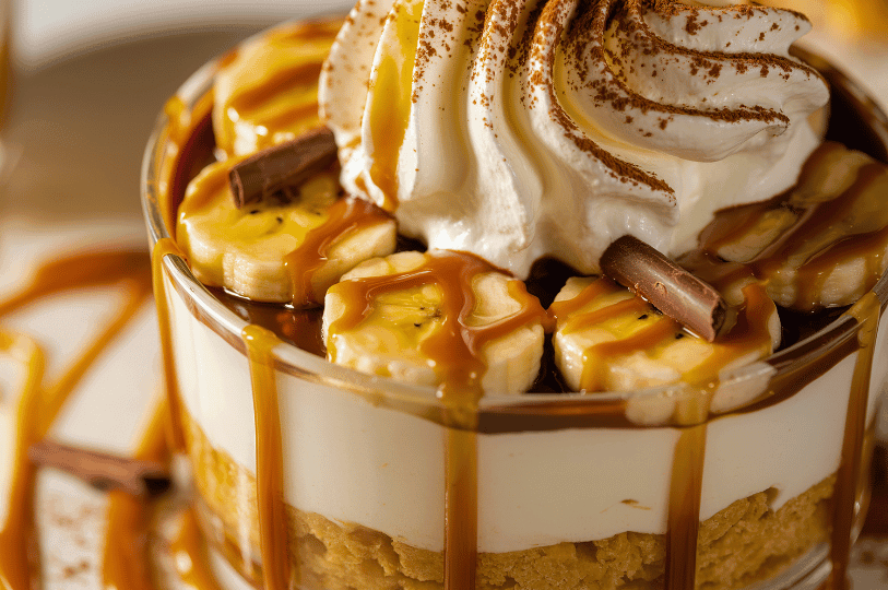 A layered banoffee dessert served in a clear glass dish, showcasing distinct layers of biscuit crumb, cream, caramel, and bananas, topped with whipped cream, chocolate curls, and caramel dripping down the sides of the glass. A layered banoffee dessert served in a clear glass dish, showcasing distinct layers of biscuit crumb, cream, caramel, and bananas, topped with whipped cream, chocolate curls, and caramel dripping down the sides of the glass.