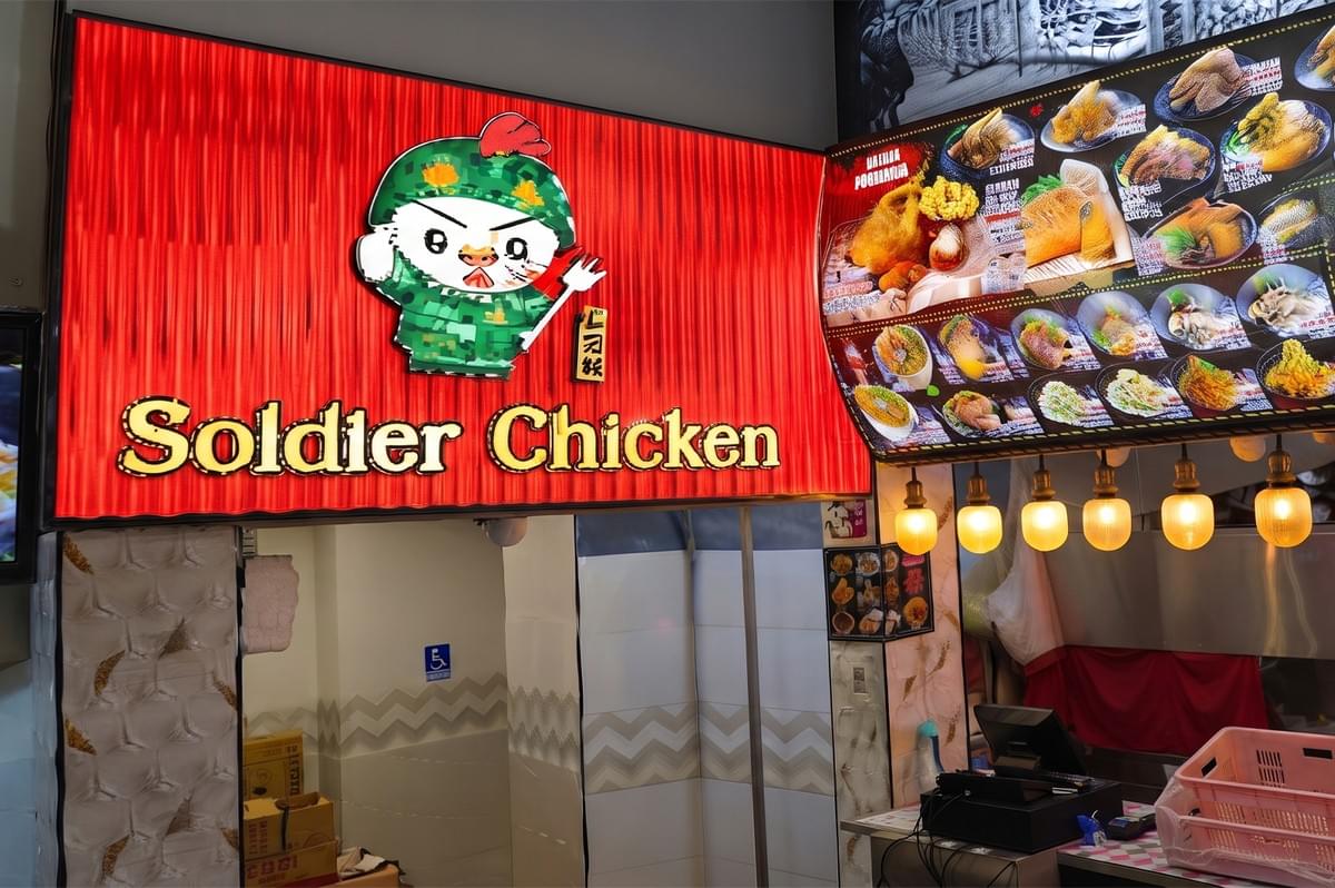 Soldier Chicken food stall storefront and lighted menu. Soldier Chicken food stall storefront and lighted menu.