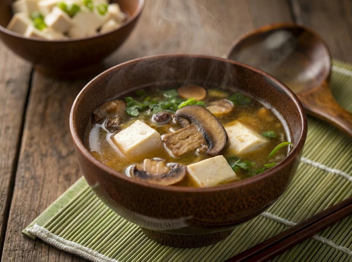 A bowl of steaming miso soup with sliced mushrooms, tofu, and greens on a bamboo mat. A bowl of steaming miso soup with sliced mushrooms, tofu, and greens on a bamboo mat.