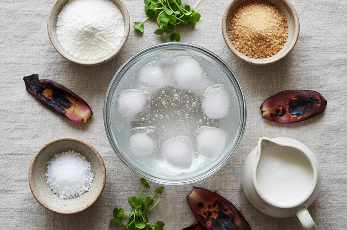 Overhead view of batter ingredients arranged on a cloth, including flour, sugar, salt, milk, and a bowl of ice water for crispy texture. Overhead view of batter ingredients arranged on a cloth, including flour, sugar, salt, milk, and a bowl of ice water for crispy texture.