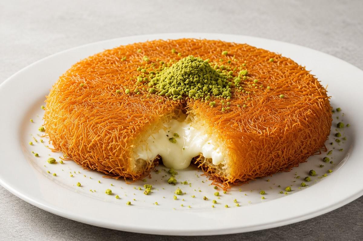 A whole, round kunafa dessert with a crispy, golden-orange shredded pastry crust, cut open to reveal a thick, gooey melted cheese filling and topped with a mound of ground pistachios on a white plate. A whole, round kunafa dessert with a crispy, golden-orange shredded pastry crust, cut open to reveal a thick, gooey melted cheese filling and topped with a mound of ground pistachios on a white plate.