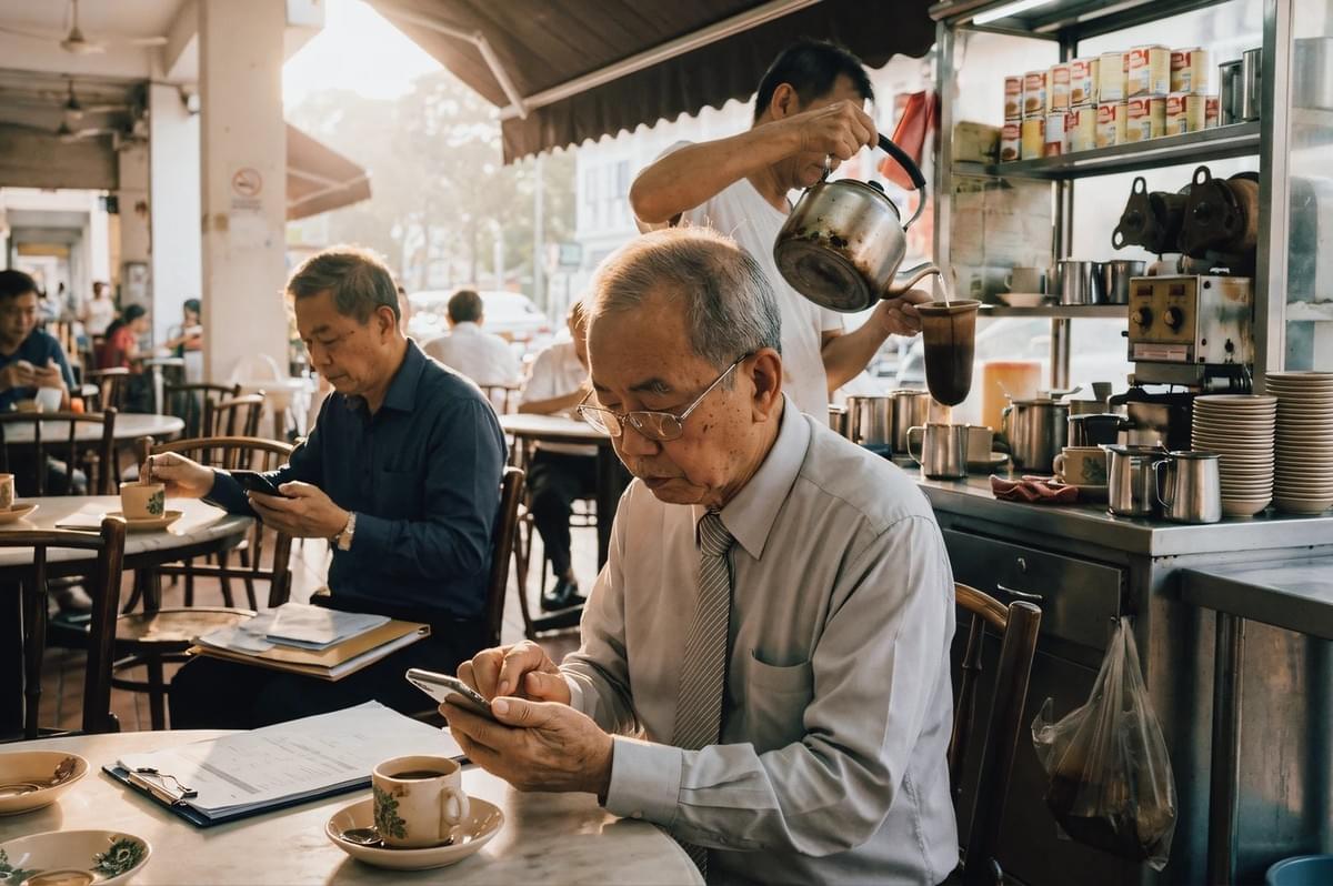 Eye-level mid-shot of elderly patrons seated at a traditional Singapore kopitiam while kopi is being poured, capturing everyday local coffee culture and morning routine. Eye-level mid-shot of elderly patrons seated at a traditional Singapore kopitiam while kopi is being poured, capturing everyday local coffee culture and morning routine.