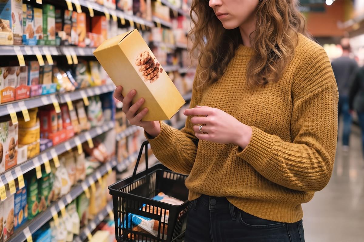Woman in a grocery store reading the label on a box of cookies while holding a shopping basket. Woman in a grocery store reading the label on a box of cookies while holding a shopping basket.