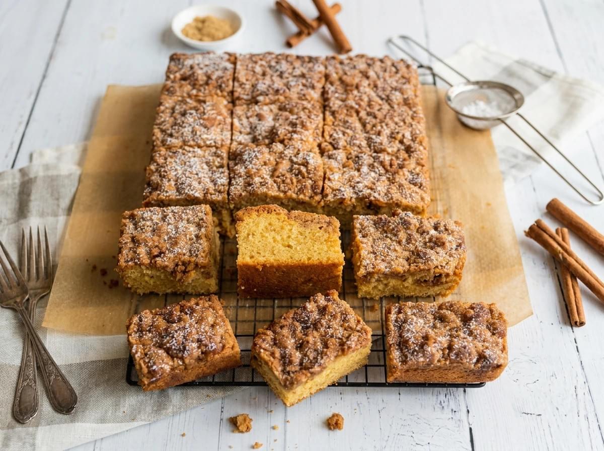 Sliced New York crumb cake cooling on a wire rack next to cinnamon sticks. Sliced New York crumb cake cooling on a wire rack next to cinnamon sticks.