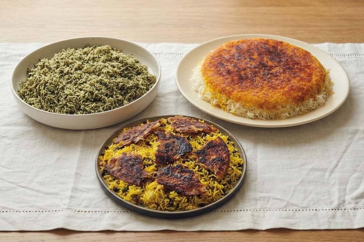 Three Persian rice dishes including green herbs rice and tahdig Three Persian rice dishes including green herbs rice and tahdig
