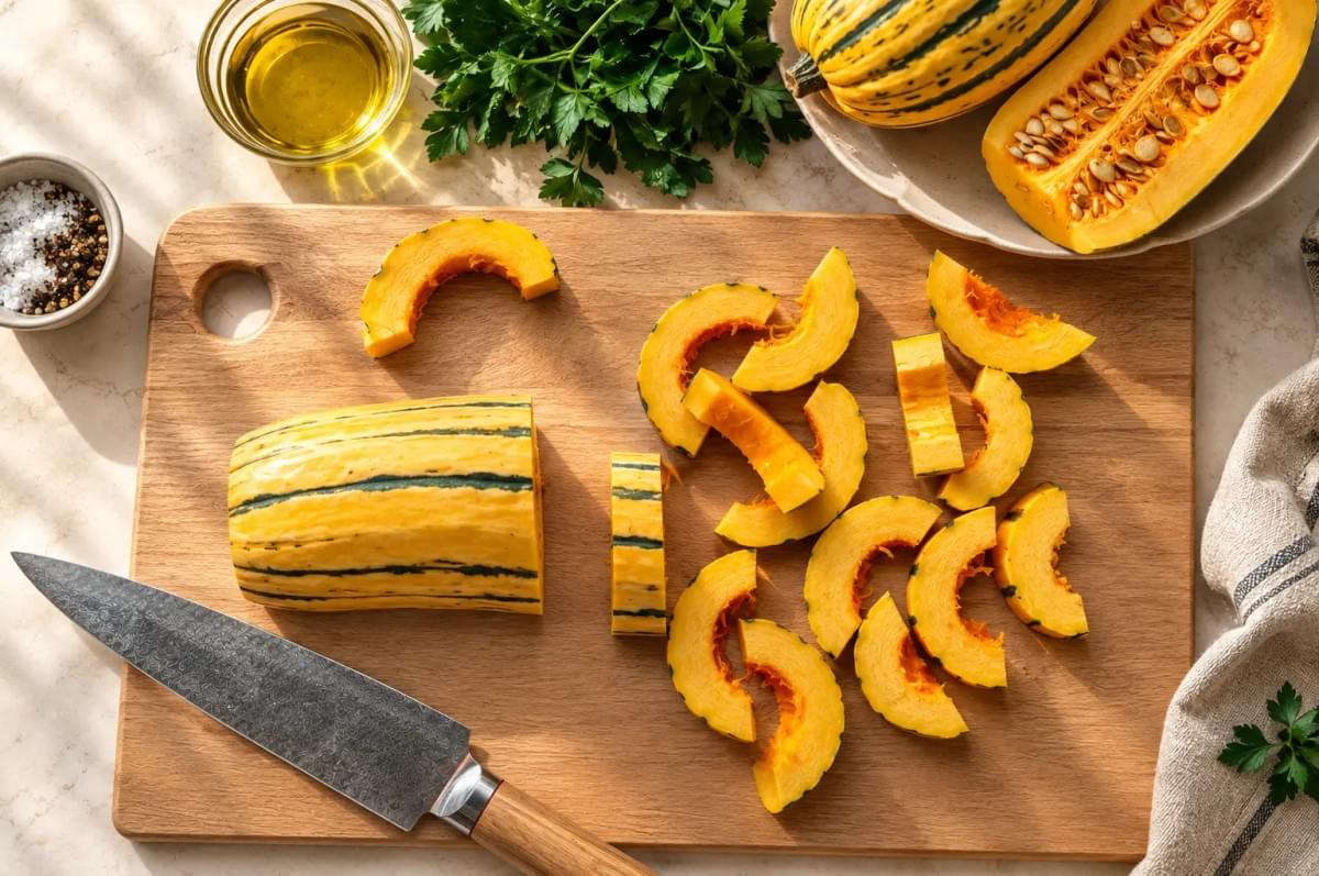 Sliced delicata squash on a wooden cutting board next to a chef’s knife and fresh parsley. Sliced delicata squash on a wooden cutting board next to a chef’s knife and fresh parsley.
