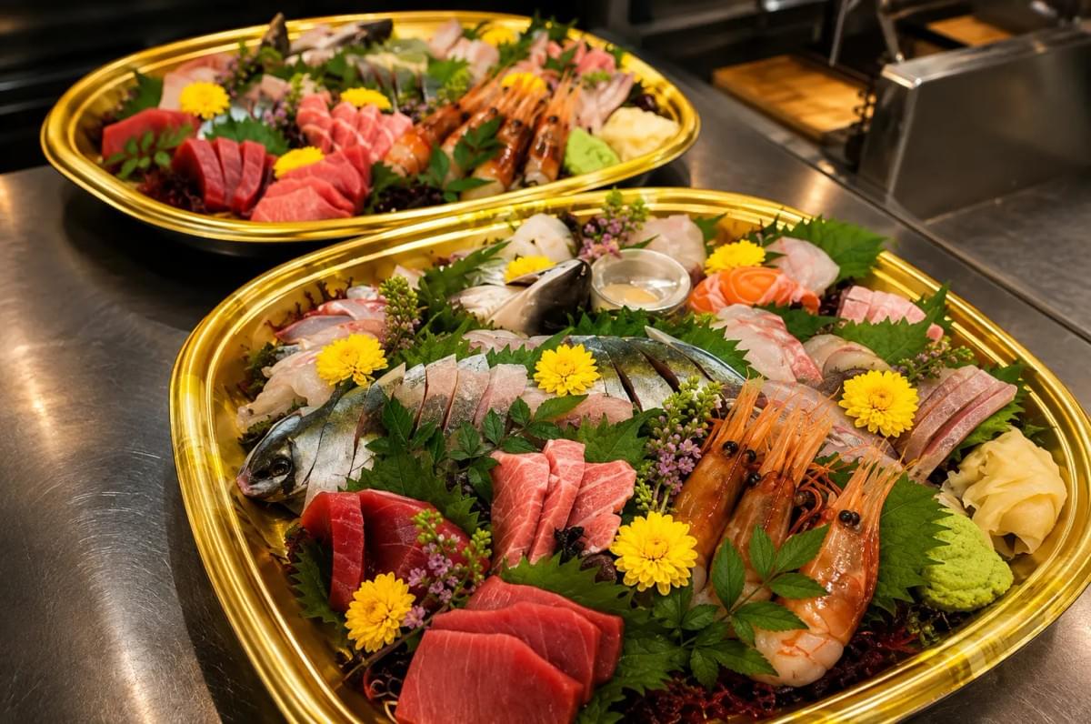 wo gold catering platters filled with a colorful variety of fresh sashimi, prawns, and edible yellow flowers. wo gold catering platters filled with a colorful variety of fresh sashimi, prawns, and edible yellow flowers.