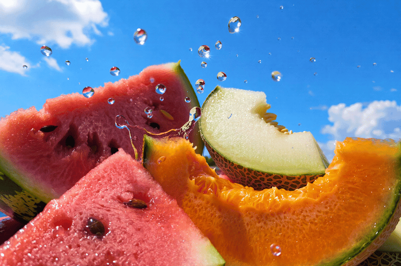 A dynamic, close-up shot of juicy watermelon wedges and orange cantaloupe slices splashing with water droplets against a bright blue sky with wispy clouds. A dynamic, close-up shot of juicy watermelon wedges and orange cantaloupe slices splashing with water droplets against a bright blue sky with wispy clouds.