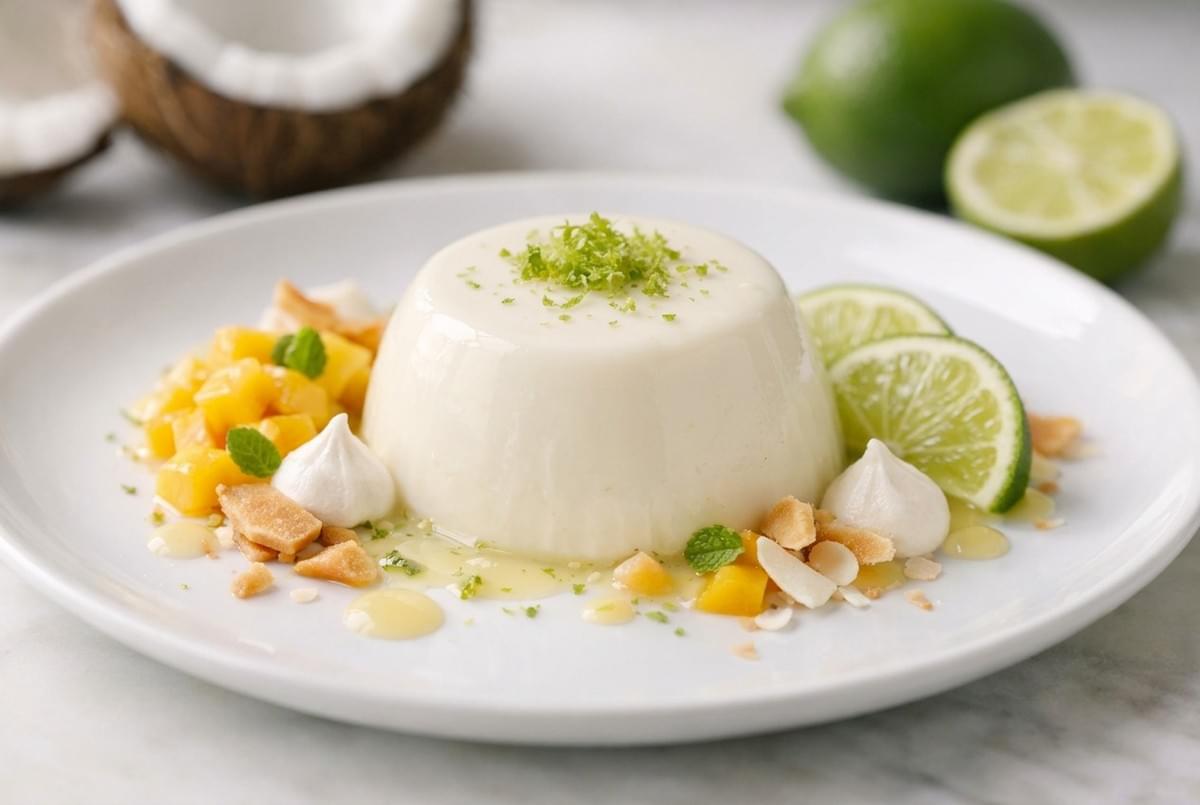 Coconut panna cotta garnished with lime zest, fresh mango cubes, meringue kisses, and lime slices. Coconut panna cotta garnished with lime zest, fresh mango cubes, meringue kisses, and lime slices.