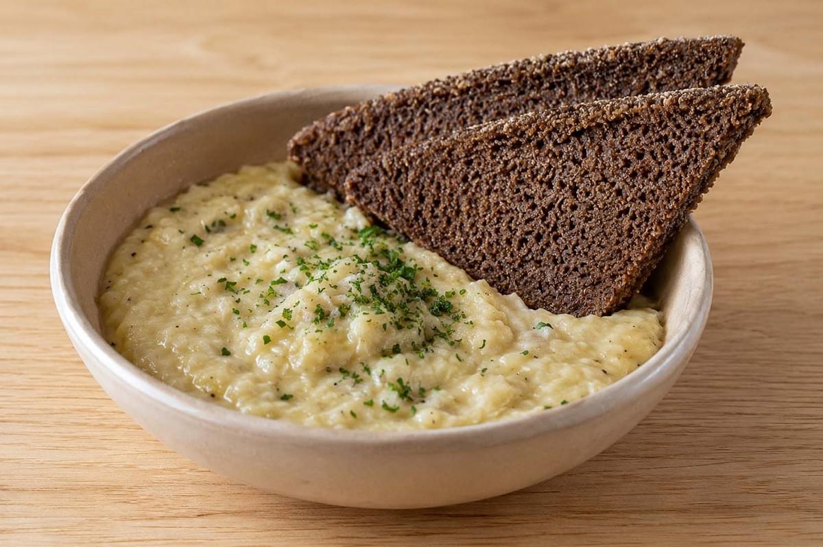 Bowl of creamy Icelandic plokkfiskur fish stew garnished with parsley, served with two slices of dark rye bread on a wooden table Bowl of creamy Icelandic plokkfiskur fish stew garnished with parsley, served with two slices of dark rye bread on a wooden table