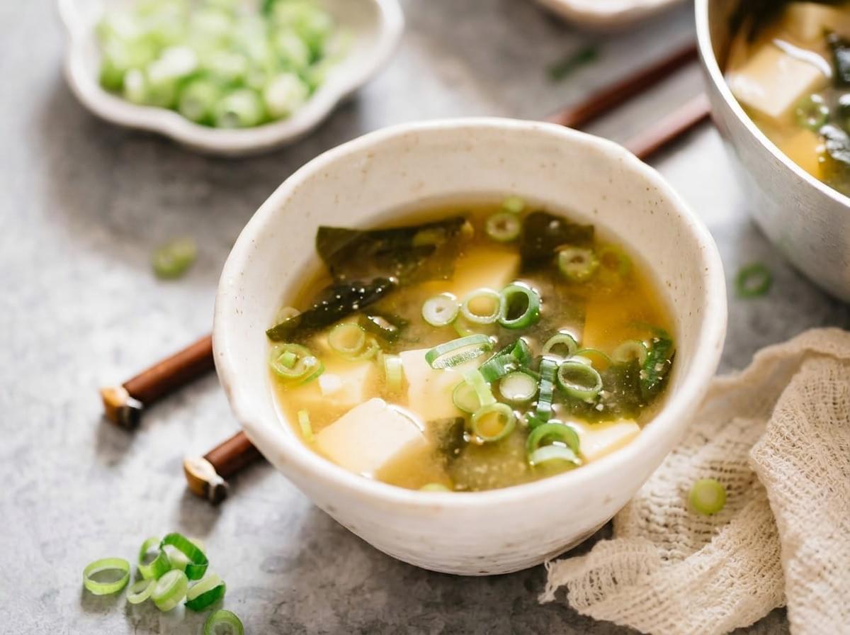 A ceramic bowl of clear miso soup garnished with tofu and green onions. A ceramic bowl of clear miso soup garnished with tofu and green onions.