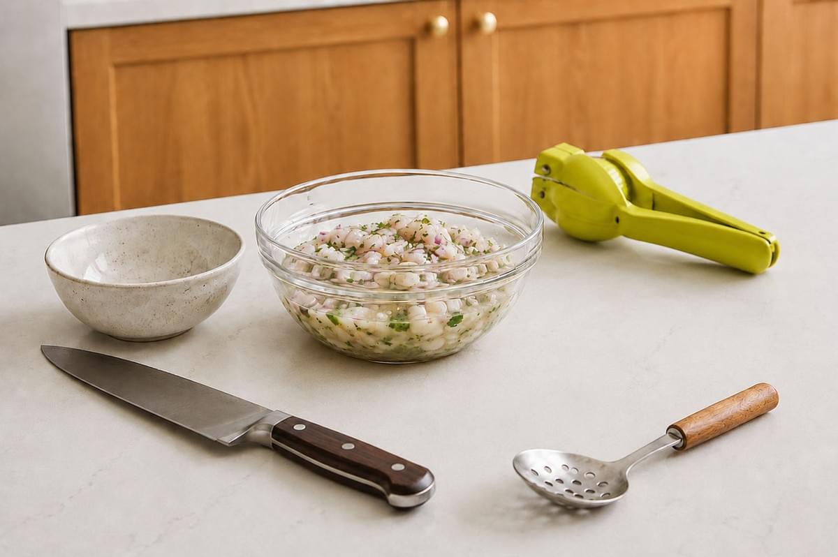 Glass bowl of fresh ceviche mixture on a kitchen counter with a knife, citrus press, and serving spoon nearby Glass bowl of fresh ceviche mixture on a kitchen counter with a knife, citrus press, and serving spoon nearby