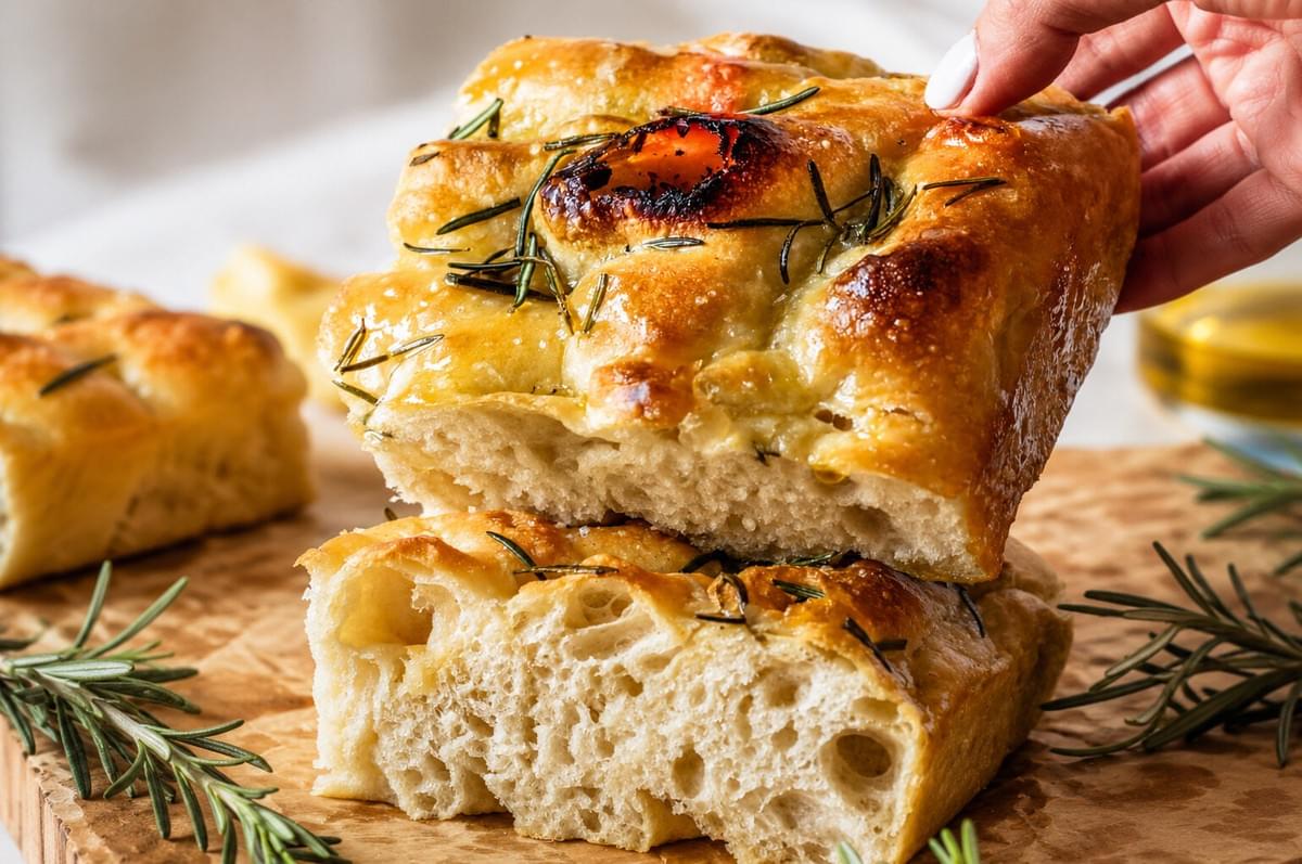 A hand lifting a thick, golden slice of rosemary focaccia bread stacked on top of another slice, showing its airy texture and glossy crust, surrounded by fresh rosemary on a wooden board. A hand lifting a thick, golden slice of rosemary focaccia bread stacked on top of another slice, showing its airy texture and glossy crust, surrounded by fresh rosemary on a wooden board.